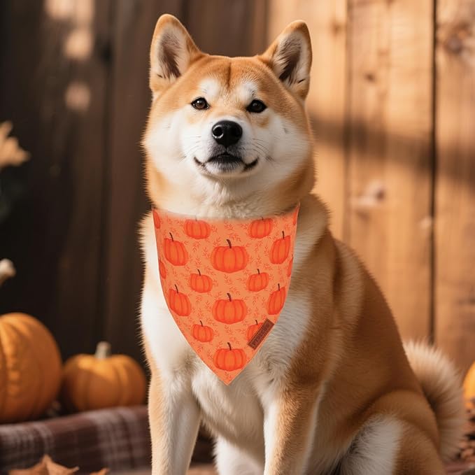 PTDECOR Thanksgiving Fall Dog Bandanas, Orange White Reversible Holiday Pet Scarf, Happy Thanksgiving Pumpkin Triangle Thanksgiving Bandanas for Medium Large Dogs Pets (Large)