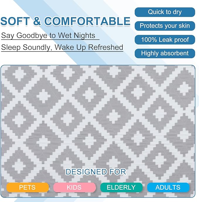 OUTCREATOR® Washable Bed Pads 34" x 36" (Pack of 2), Incontinence Mattress Protector, Anti-Slip Waterproof Underpads for Adults Kids Elderly Pets, Absorbency & Reusable Bedwetting Pads (Gray Geometry)