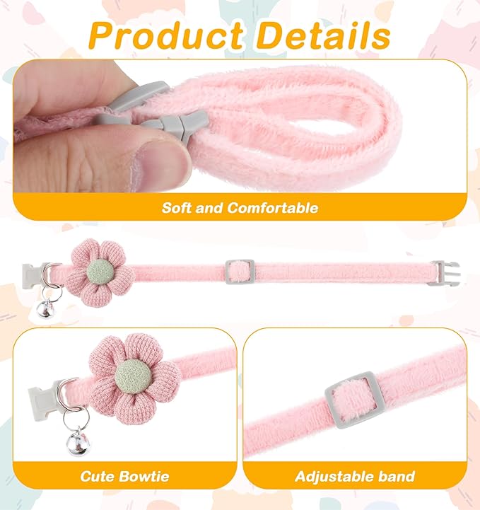 2Pcs Girl Cat Collars, Pink Girly Kitten Collar Plush Flower Cute Cat Collars for Girl Cats, Adjustable Design with Bell, Breakaway Safety Buckle, Cute Accessories for Girls' Kittens, Pink & Cream