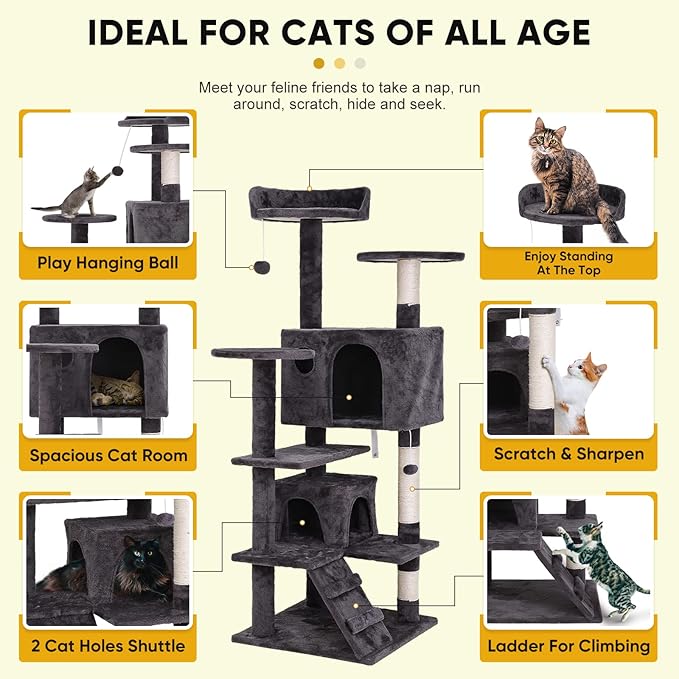 54-inch Cat Tree with Sisal-Covered Scratching Posts, Sturdy Standing Cat Tower for Indoor Kittens, Multi-Level Platforms, Perches, Condo and Hanging Ball for Cats to Play and Sleep