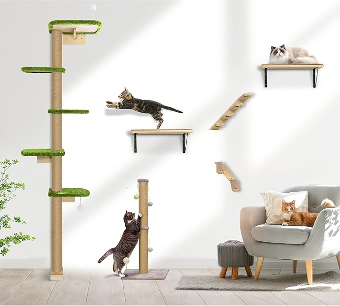 Floor to Ceiling Cat Tree for Kittens, Wall Mounted Cat Wall Furniture with Green Plush Pads, 5 Platform Wild Simulation Climbing Tower, Adjustable Height