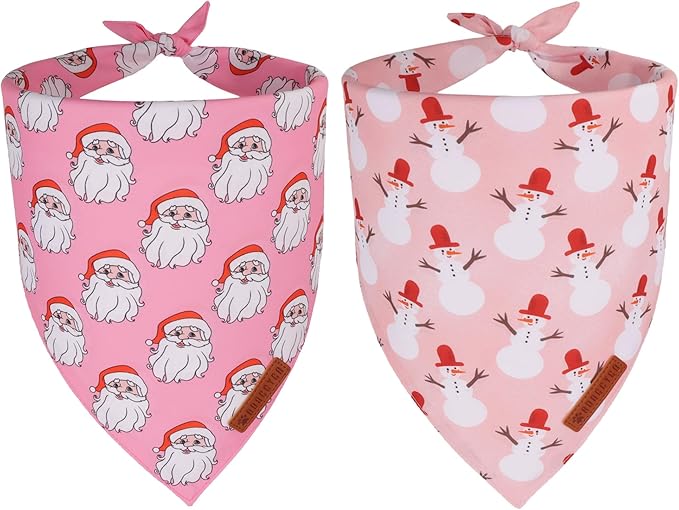 ADOGGYGO Pink Christmas Dog Bandanas 2 Pack, Reversible Santa Snowman Xmas Scarf Bib, Adjustable Fit Pink Christmas Bandana for Small Dogs Girl (Small)