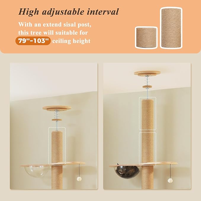 PETEPELA Floor to Ceiling Cat Tree, Adjustable Height(79-103'') Solid Wooden Tall Cat Tower for Indoor Cats with Sisal Scratching Post, Acrylic Bowl and Play Pompom, Wooden Beige