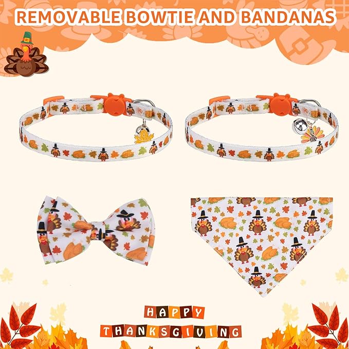 SCENEREAL Fall Thanksgiving Cat Bandana Collar with Bell Bowtie - 2 Pack Breakaway Kitten Collars, Adjustable Cute Pet Accessories for Cats and Small Dogs