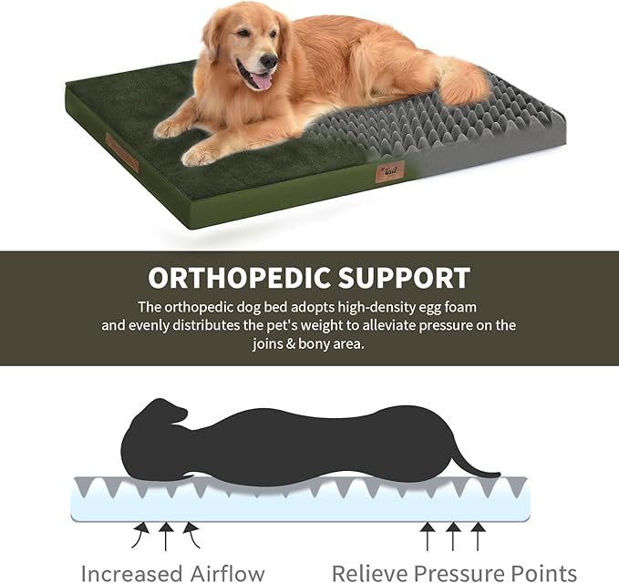 Orthopedic Dog Bed for Extra Large Dogs, XL Comfort Pet Mat for Large Sized Dog 44x32 Inch, Egg Crate Foam with Removable Washable Oxford Cover, Olive Green