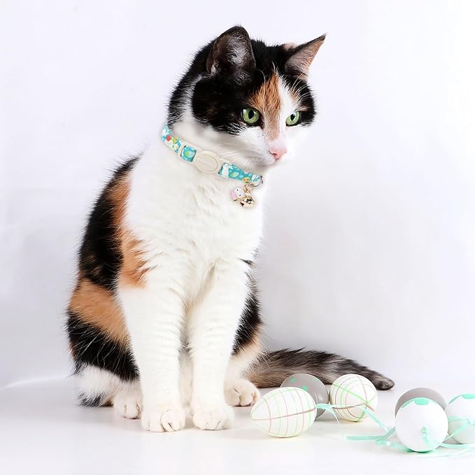DOGWONG 2 Pack Easter Day Cat Collars, Breakaway with Bell, Adjustable 7-12 Inch, Egg Color, Cotton Material, All Breed Sizes