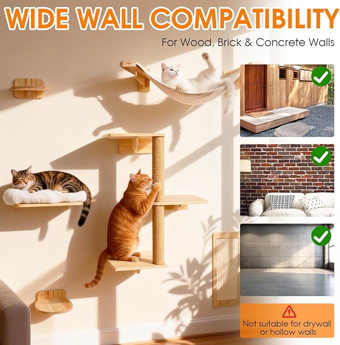 6in1 Cat Wall Shelves Climbing Systems, Large Cat Furniture Shelf Set Wall Hanging Mounted, Hammock Sisal Scratching Perch Bed 2 Steps Tower Tree for Indoor House Corner Ladder