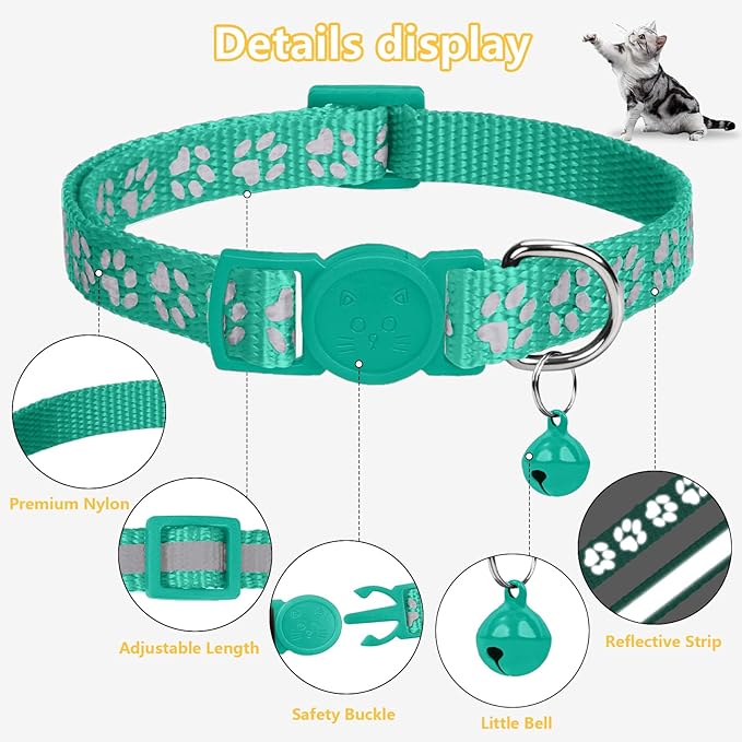 Taglory Reflective Cat Collar Breakaway with Bells, 2 Pack Girl Boy Pet Cat Collar Adjustable 7.5-12.5 Inch, Turquoise