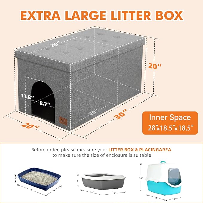 Cat Litter Box Enclosure Furniture for Odor Control, Hidden Cabinet Cats Litter Ottoman with Flip-Up Lid,Cat Litter Box Bench with Storage Space, Dog Proof (Light Grey, Large)