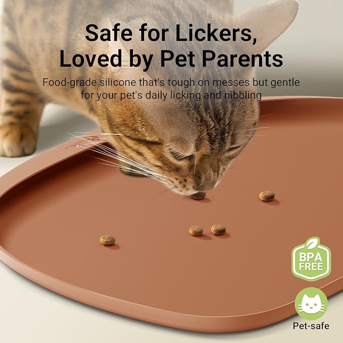 DownyPaws Cat Food Mats for Floors Waterproof, BPA Free Silicone Pet Feeding Mat, Non-Slip Pet Food Mat with High Raised Edge, Cat Placemat for Messy Drinkers, 18"×12.5", Coral