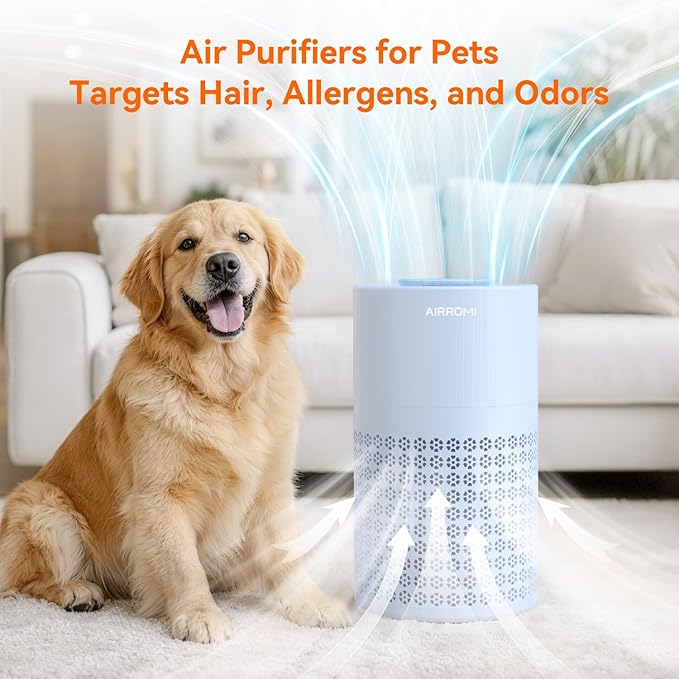 AIRROMI Air Purifier for Bedroom with HEPA 3-in-1 Filter, Pet Air Purifier for Home Cat Pee Smell, Covers Upto 990 Ft², Quiet 360° intake Air Cleaner for pet hair,allergies,Dust,Smoke A2001 Blue