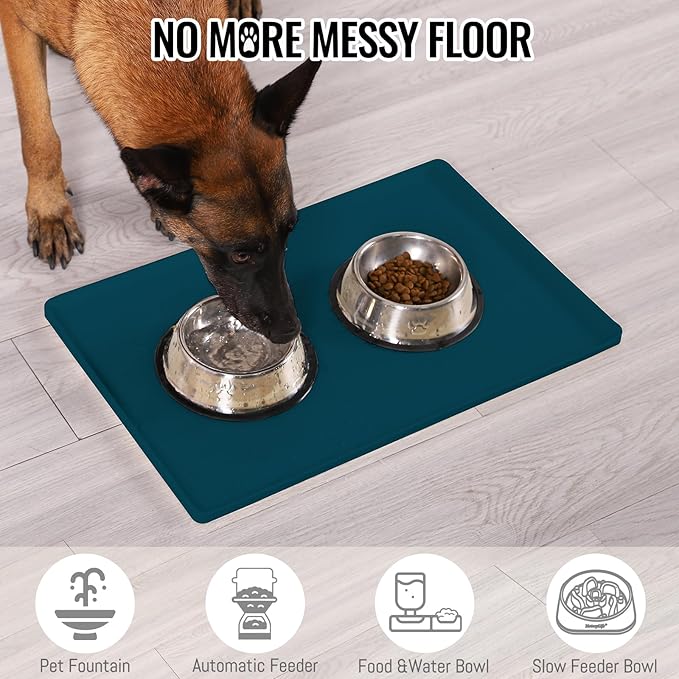 MateeyLife Dog & Cat Food Mat, Waterproof & Nonslip Silicone Feeding Mats for Dogs and Cats, Raised Edge Tray for Messy Drinkers, 24"x16", Navy