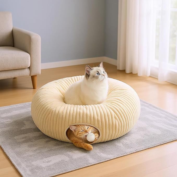 Cat Tunnel Bed with 40 Pcs Interactive Cat Toys, Cat Tube with Kitten Toys for Indoor Kittens, Collapsible Play Tunnel, White