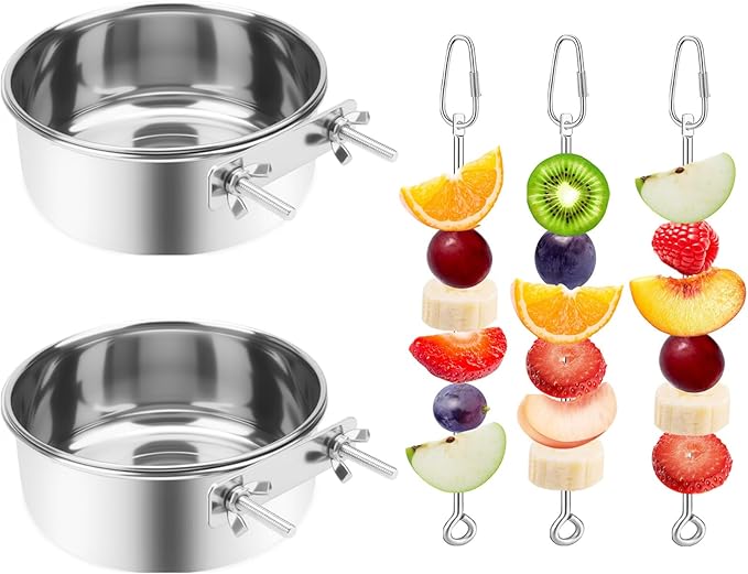 2 Pcs Bird Feeder Bowls with 3 Pcs Food Holder for Cage, Parrot Food Water Bowls and Fruit Skewer Foraging Toy, Stainless Steel Bird Feeding Dish Cups for Small Animals (Silvery, 5 Pcs)