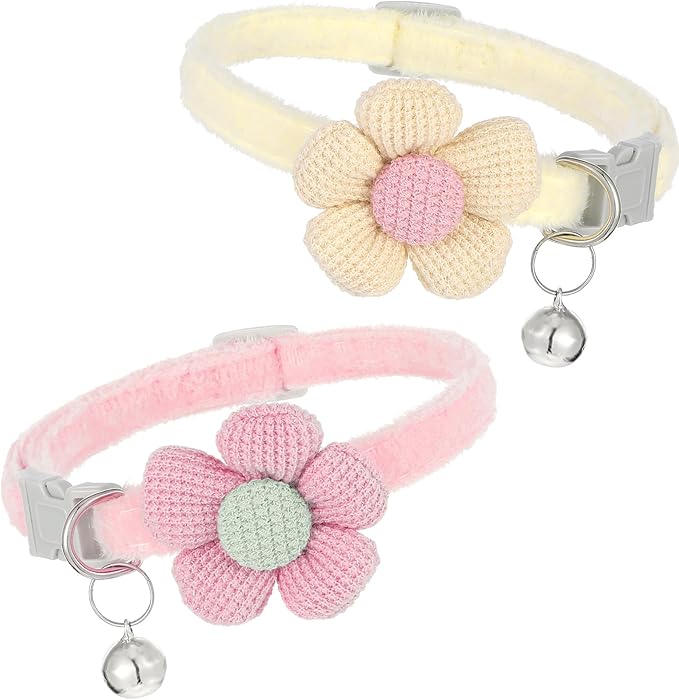2Pcs Girl Cat Collars, Pink Girly Kitten Collar Plush Flower Cute Cat Collars for Girl Cats, Adjustable Design with Bell, Breakaway Safety Buckle, Cute Accessories for Girls' Kittens, Pink & Cream