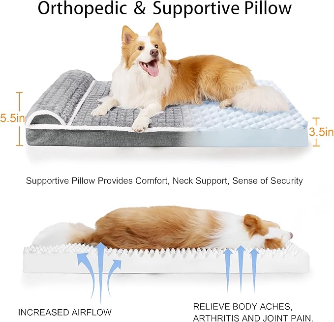 Orthopedic XL Dog Bed Large Sized Dog with Pillow 42''X28'', Waterproof Soft Comfortable Egg Crate Foam Pet Crate Beds Mat with Removable Washable Cover and Non-Slip Bottom, Grey