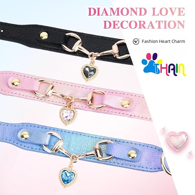 THAIN Fashion Dog Collar with Bling Diamonds & Heart Charm – 5 Holes Adjustable PU Leather Rhinestones Necklace Collar, Gold Buckle for Small Dogs Girl (Pink, XS)