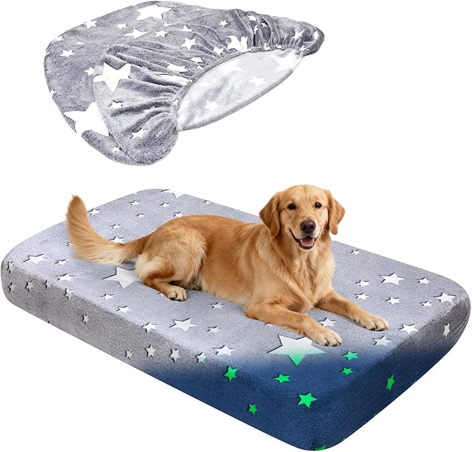 Flannel Waterproof Dog Bed Covers Replacement Washable, Elastic Edged Dog Bed Sheet with Glow in the Dark Star Design for Large & Medium Pet Beds, Cover Only (Gray, 52.0"L x 28.0"W x 5.0"Th)
