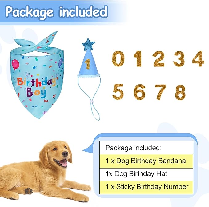 Dog Birthday Bandana Set, Dog Birthday Party Supplies, Puppy Boy Girl Birthday Party Hat with Numbers for X-Small, Small and Meidum Puppy (Blue)
