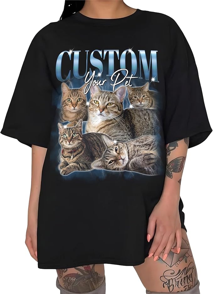 AWE-CREATIVES Custom Bootleg Shirts - Pet & Cat Vintage Washed Tees, Photo & Text Personalized