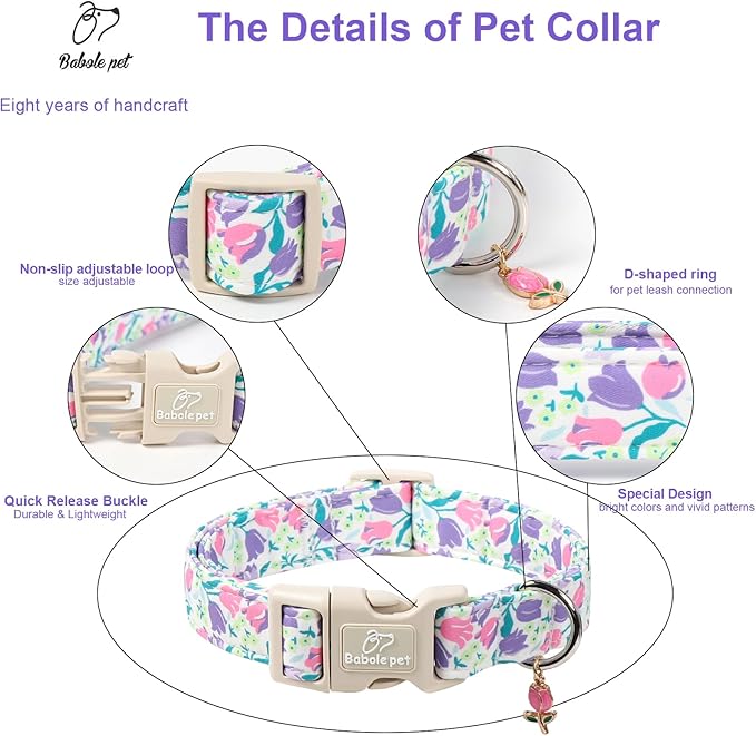 Floral Dog Collar for Large Dogs - Pink Purple Tulips Print Dog Collars, Spring Summer Cute Flower Puppy Collar, Lightweight Adjustable April Holiday Boy Girl Dogs Collars XL