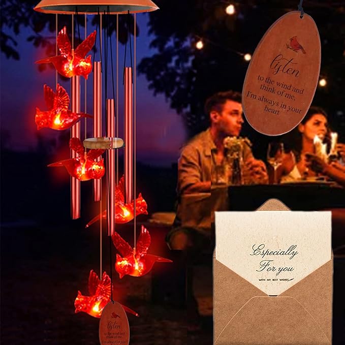 Cardinal Solar Wind Chimes Outdoor, Cardinal Bird Wind Chime Light with 4 Red Metal Tube, Cardinal Gifts for Women Mom Grandma, Birthday Gifts Memorial Sympathy Gift