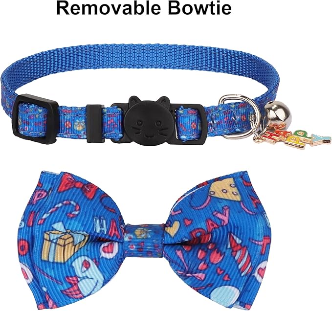 ADOGGYGO Birthday Cat Collars with Bow Bell, Breakaway White Blue Happy Birthday Bowtie Collars for Cats Kittens