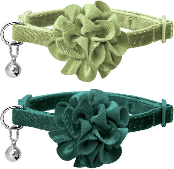 azuza 2 Pack Cat Collar Floral with Bell and Removable Flower Bowtie Breakaway Adjustable Velvet Fabric Cat Collar for Pets Festival Gift and Daily Decoration, Dark Green & Light Green