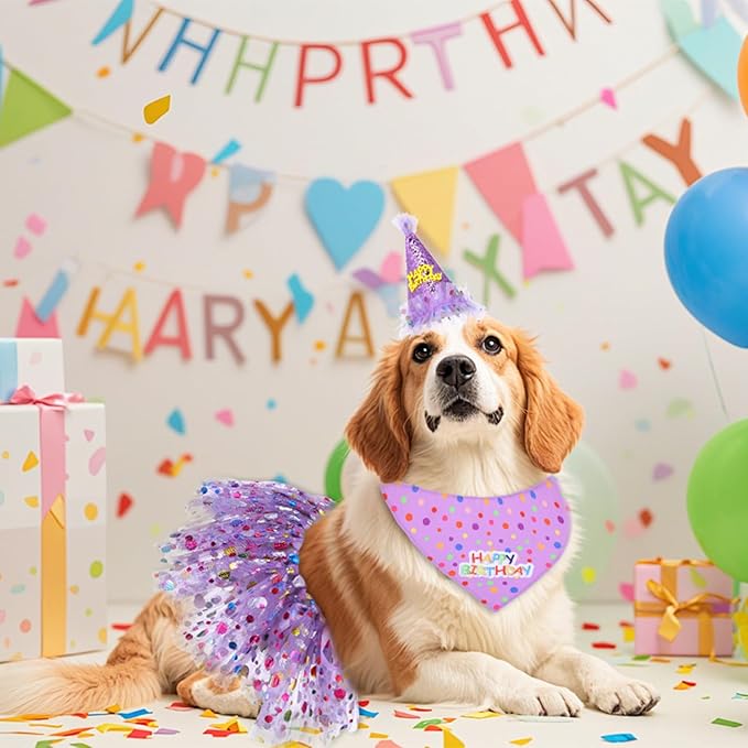 Dog Birthday Bandana with Hat and Dress Girl Set Puppy Birthday Party Supplies Cute Tutu Skirt Outfit for Small Medium Large Dogs Decorations(Purple)