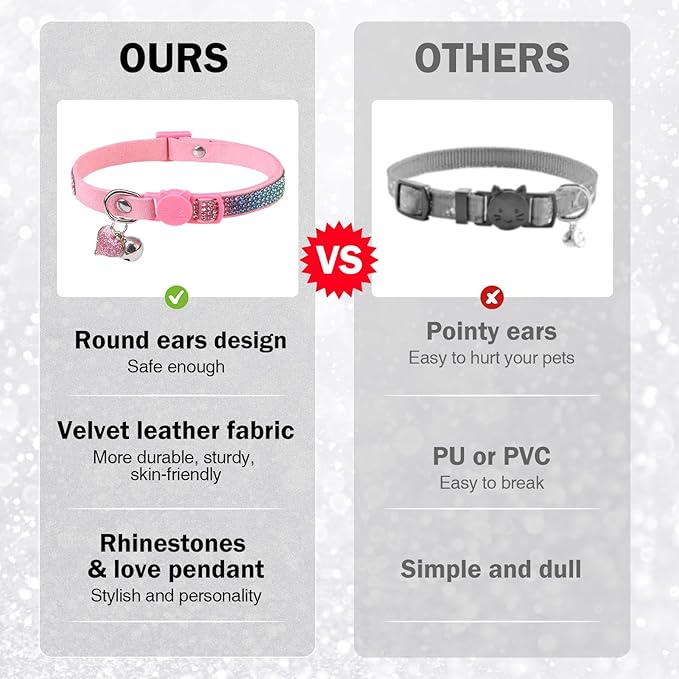 Rhinestone Cat Collar Breakaway with Bell, Diamond Cat Collar with Safety Buckle Quick Release for Girl Boy Small Kitten Pets Puppy,Cute Soft Female Male Cat Collars, Colorful Pink 8-12"