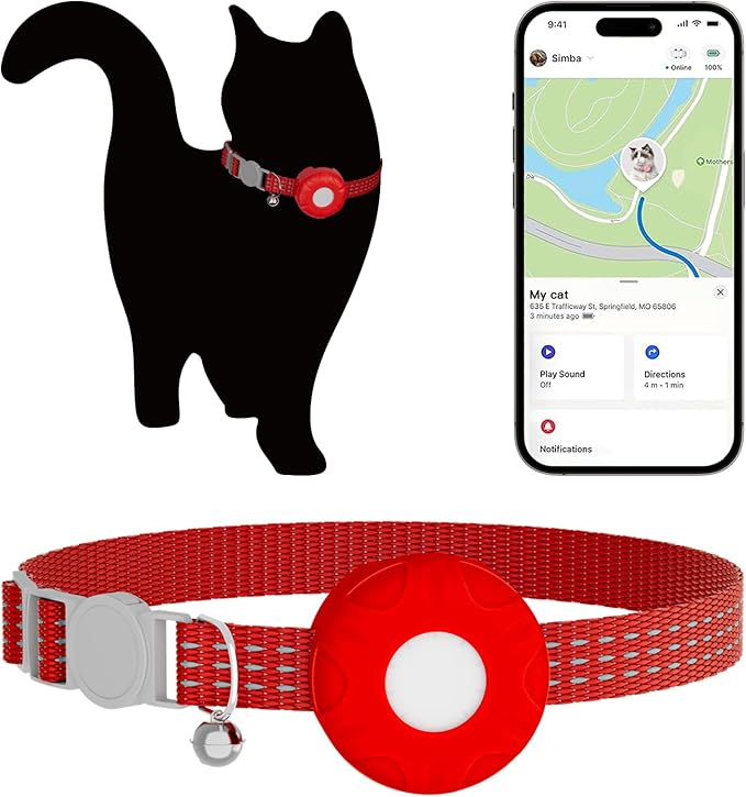 Cat GPS Tracker for Cats, Waterproof Pet GPS Tracker,Compatible with Apple Find My App (Only iOS), No Monthly Fee, Red