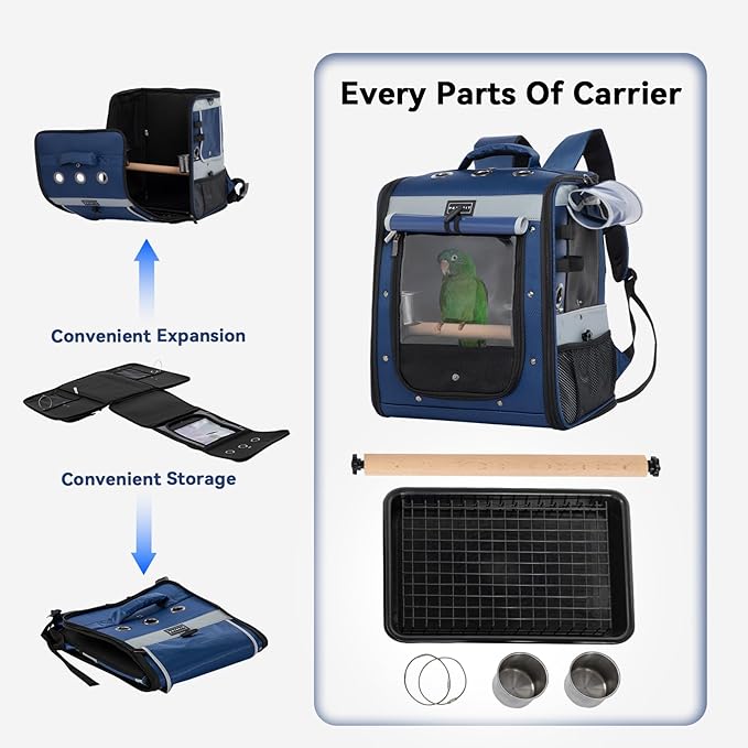 Petsfit Bird Carrier with Anti-Pecking Band,Bird Backpack Carrier with 2 Level Height to Adjust Standing Perch and Shade Cover Blue
