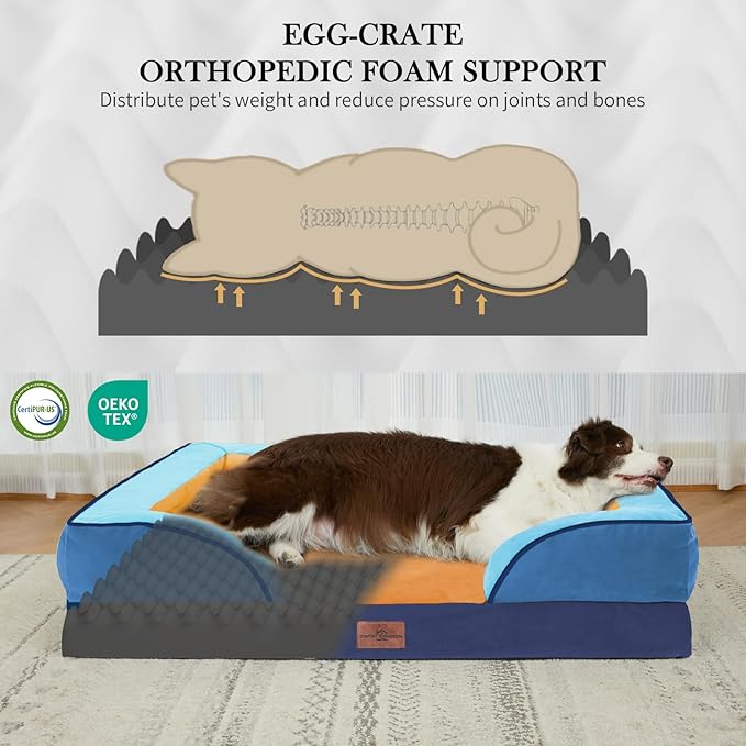 Comfort Expression Orthopedic Dog Bed for Large Dogs 36x27 Inch, Waterproof Egg Crate Foam Large Pet Bed with Removable Bolsters, Dog Couch with Washable Cover & Non-Slip Bottom, Golden Harbor