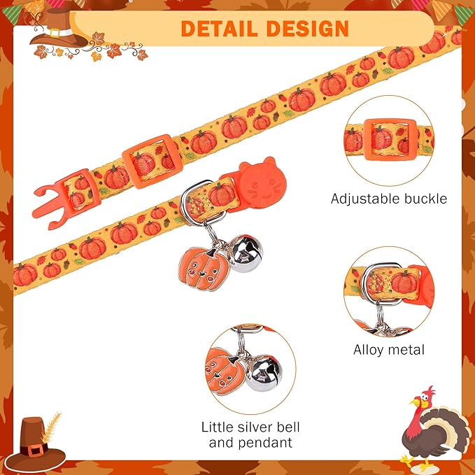 SCENEREAL Fall Thanksgiving Cat Collar Breakaway Girl Boy, Safety Buckle Soft Adjustable Cats Collars with Bells for Daily Wearing, Holiday Kitten Puppy Personalised Collars for Dogs
