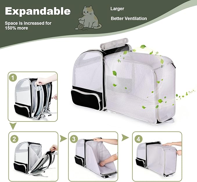 halinfer Backpack to Carry Cat and Small Puppy up to 16 Pounds, Breathable Pet Carrier to Transport Kitten Rabbit to Vet Visit Bag, Airline Approved Collapsible Expandable Black