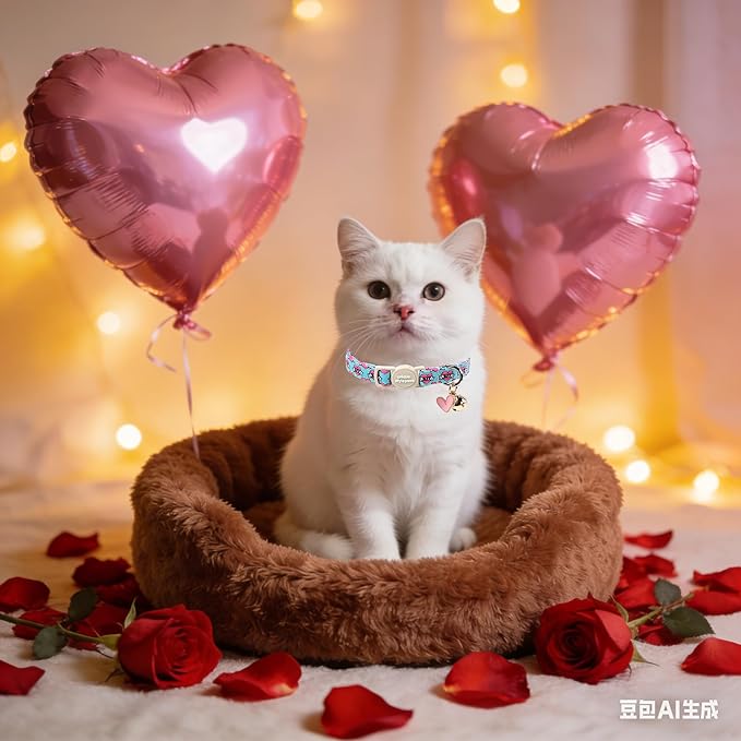 Unique Style Paws Pink Kitten Collars,Cute Valentine Cats Collar with Bell,Kitten Collar Breakaway Buckle with Heart Pattern,Adjustable Valentine Cat Collars,Ideal Gift for Boy Girl Cats