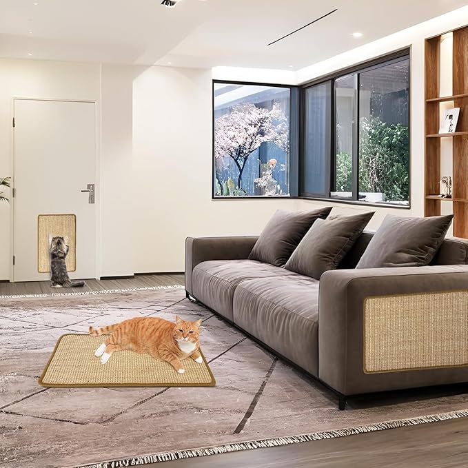 Cat Scratcher Mat [2-Pack], 23.6 X 15.7 Inch, Natural Sisal Cat Scratch Mats, Horizontal Cat Floor Scratching Pad Rug with Sticky Tapes, Protect Couch and Carpets (Natural Color)