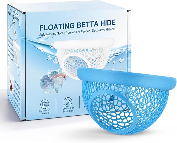 Blue Floating Betta Hide & Shrimp Cave: 3-in-1 Aquarium Hammock, Feeder & Resting Spot for Betta Fish, Shrimp & Small Fish | Eco-Safe PLA
