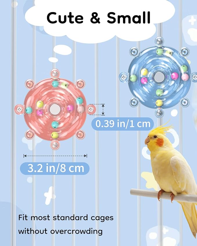 Pawfly 2 Pcs Bird Toys for Parakeets, Spinning Wheel Chew Toys, Interactive Spinner Rattle Parrot Toys, Cockatiel Toys, Bird Cage Accessories for Entertainment Chewing Exercise, Blue & Pink
