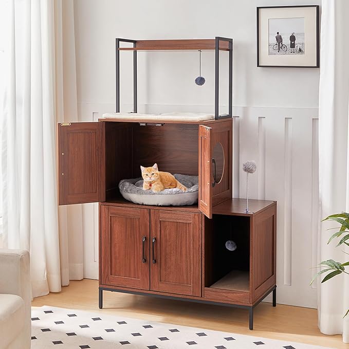 HOOBRO Litter Box Enclosure, Litter Box Furniture with Storage, 2-in-1 Hidden Cat Furniture with Shelf, 2 Dangling Plush Balls and 1 Toy Ball, Large Wooden Cat Washroom, Walnut WL78MW01