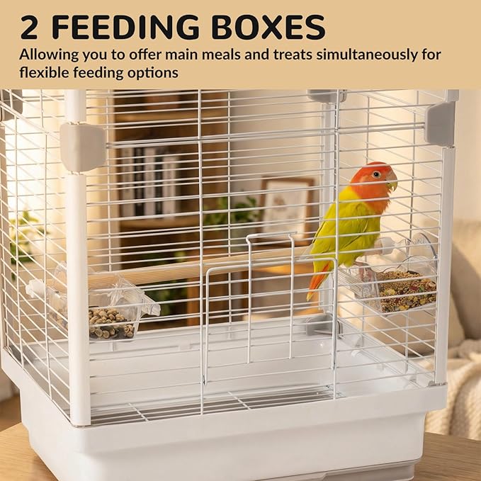 24" Portable Double-Layer Bird Cage, Travel Parrot Carrier with Handle for Vet Visits, Short Trips, White Metal Mesh Cage, for Parakeets, Cockatiels, Lovebirds, Small to Medium Birds