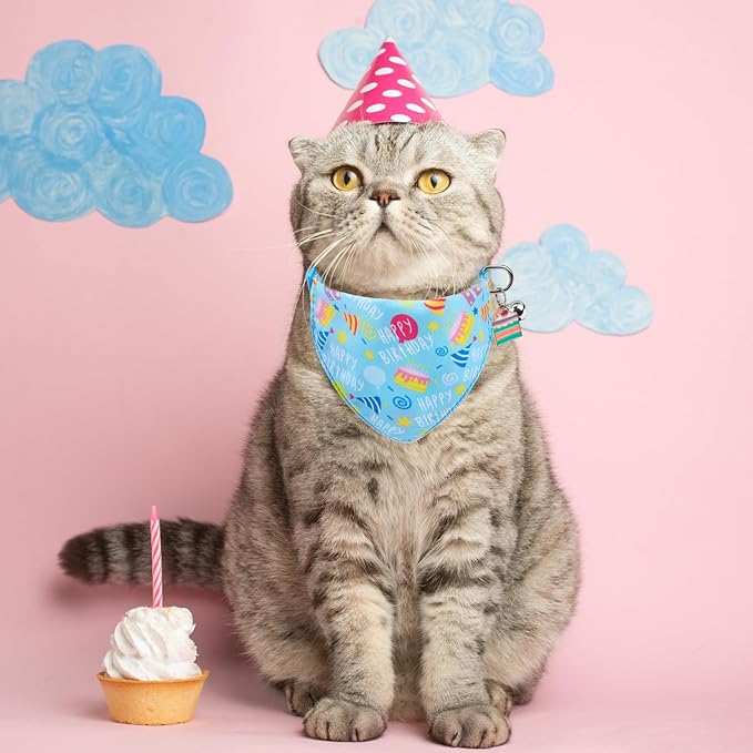 SCENEREAL Cat Bandana Collars for Birthday - 2 Pack Breakaway Kitten Collars with Bell Bowtie, Accessories for Pet Collars, Adjustable Cute Cat Collars for Cats and Small Dogs Boys Girls, (Blue)