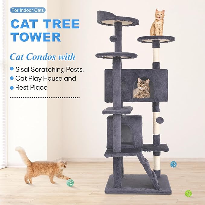 FDW | 54" Cat Tree Tower | Ashy | Multi-Level Indoor Activity Center with Sisal Scratching Posts, Condos, Plush Perches, Hanging Cat Toys | Sturdy, Easy to Assemble | for Kittens & Adult Cats
