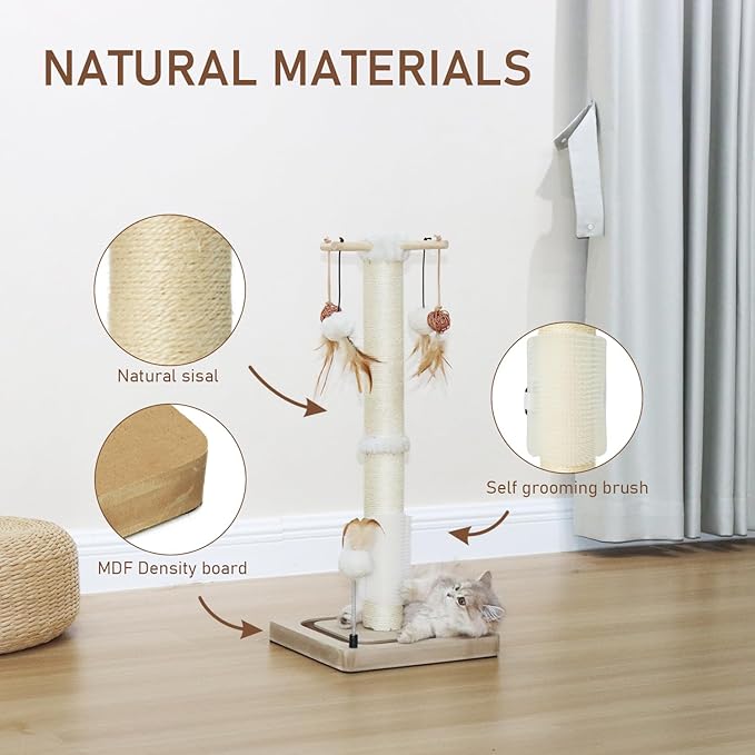 PEEKAB Cat Scratching Post 27 Inches Sisal Scratch Posts for Indoor Cats,with Track Ball Toys Kitten Vertical Scratcher Furniture Beige
