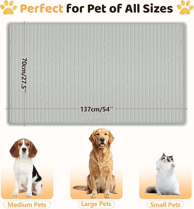 Silicone Cat & Dog Food Mat, 54" x 27.5" Extra Large Pet Feeding Mat for Cats and Dogs Bowl, Pet Placemat for Food and Water with Raised Edge, Waterproof, Leakproof (Grey)