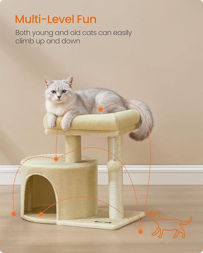 Feandrea Cat Tree, Small Cat Tower with Sisal Scratching Post, Plush Condo with Padded Perch, for Small Spaces, Kittens, Sand Beige UPCT050LF01