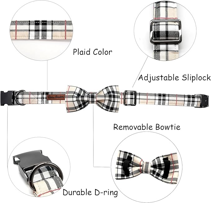 Dog Collar, Bow Dog Collar Plaid Pet Collar Dog Cute Pet Bow Soft Girl or Boy Dog Collars with Metal Buckle Adjustable Collar for X-Large Dogs