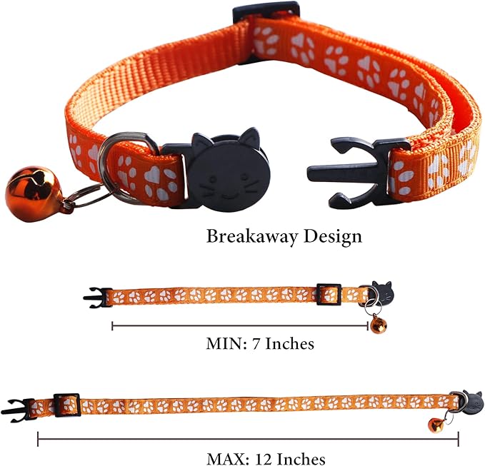 Breakaway Reflective Nylon Cat Collars with Bell (2 Black + 2 Orange)