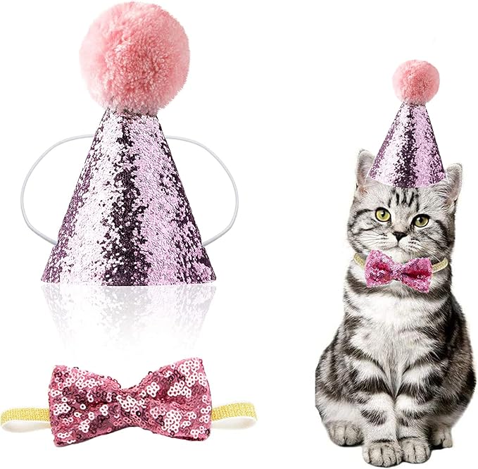 Christmas Pet Party Jazz Hat and Blingbling Bow Tie Breakaway Collar Set, Adjustable Headband for Kitten Puppy Small Dogs Cats (02 Pink-Hat)