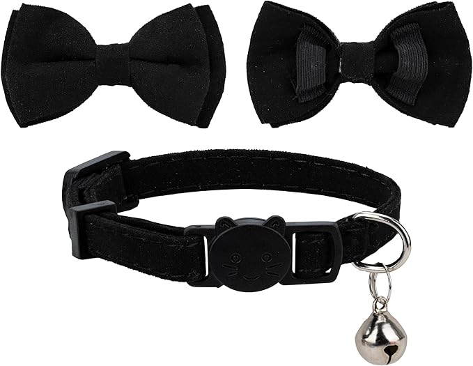 Collar for Cat Pet Breakaway with Bell Bowtie Detachable Bow Adjustable Safety Kitten Puppy Girl Boy 2pcs Plaid & Solid-Black